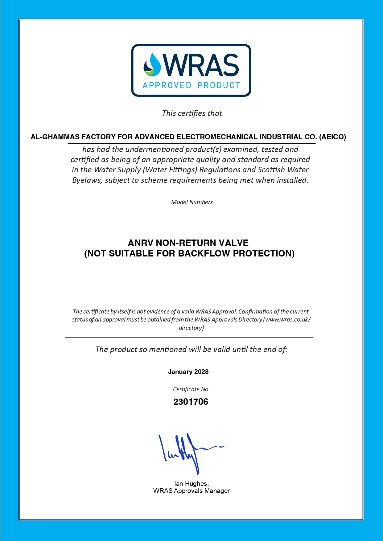 شهادة WRAS (مخطط استشارات لوائح المياه)